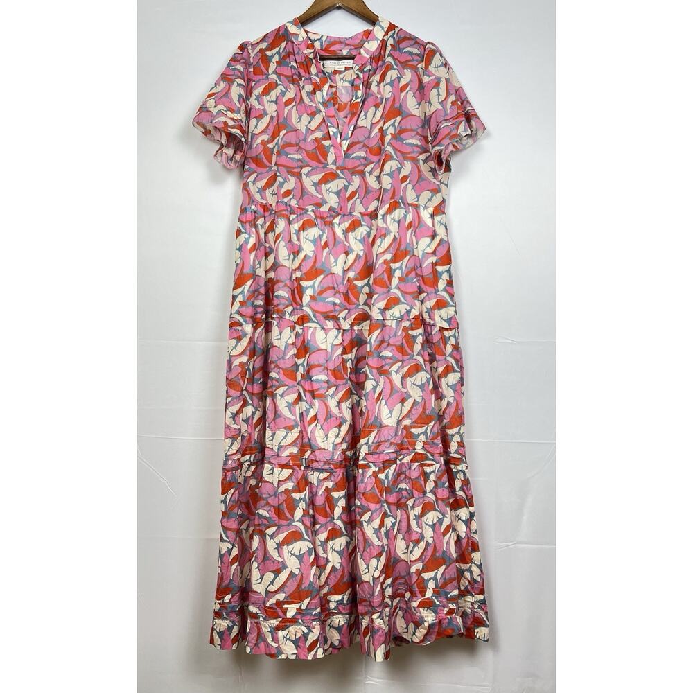 Birds of Paradis by TROVATA Pink Tropical Print Tiered Boho Midi Dress L - Picture 10 of 12